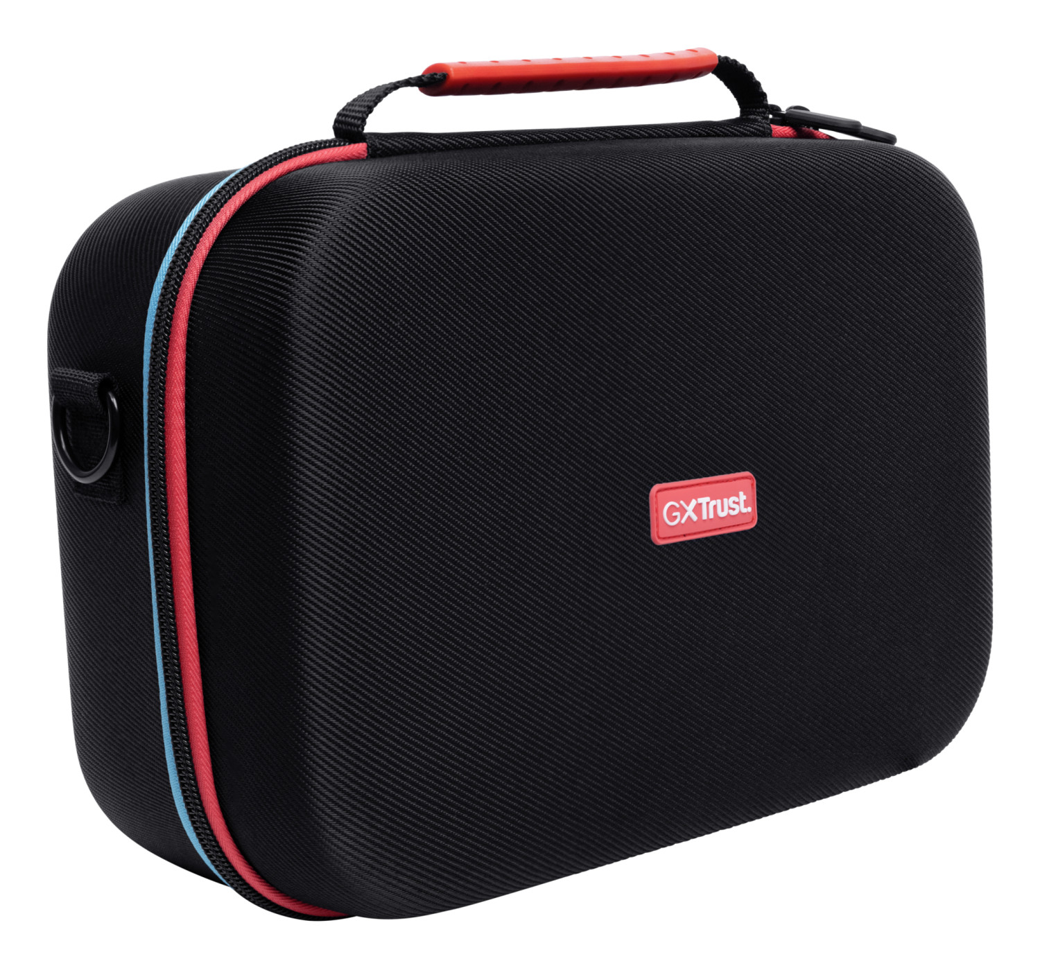 Zwarte draagtas met rood handvat en blauw/rode bies.