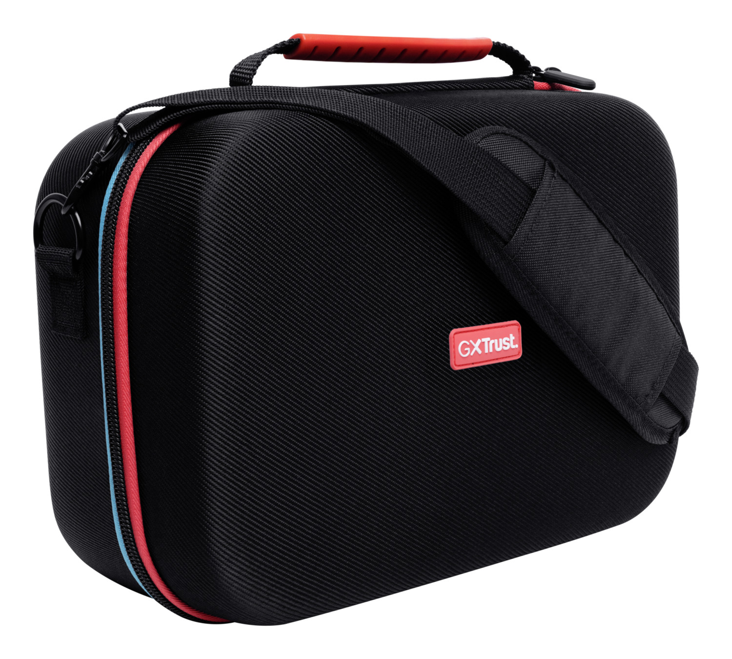Zwarte draagtas met rood handvat, schouderband en GX Trust logo.