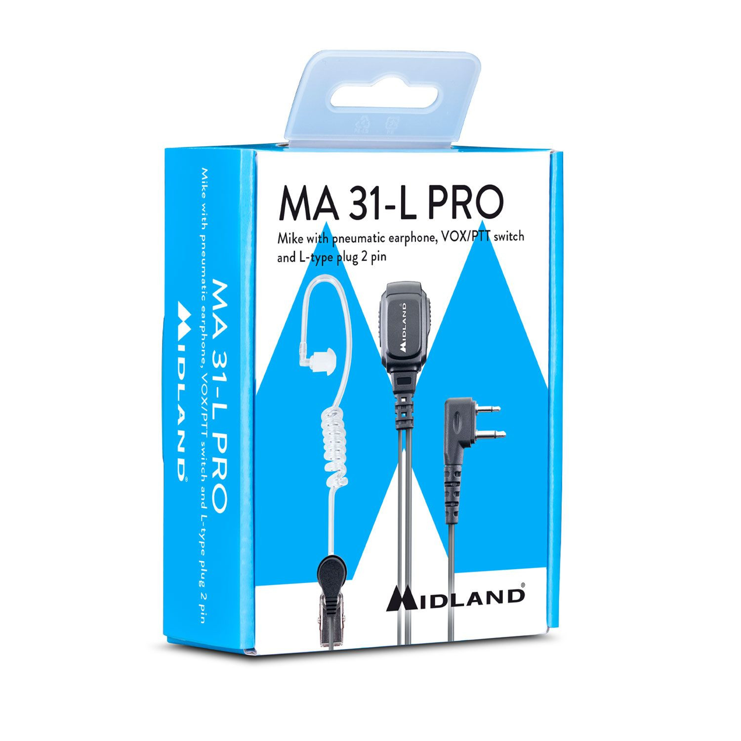 Verpackung für Midland MA 31-L PRO Headset mit Clip und 2-Pin-Stecker.
