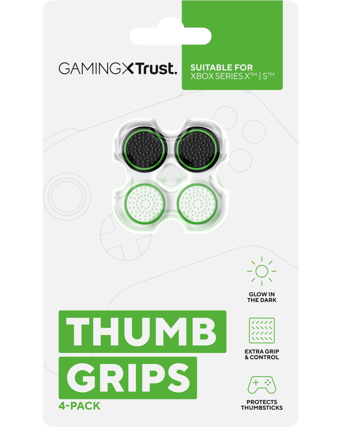GamingXTrust Thumb Grips für Xbox Series X|S, 4er-Pack, leuchtet im Dunkeln.