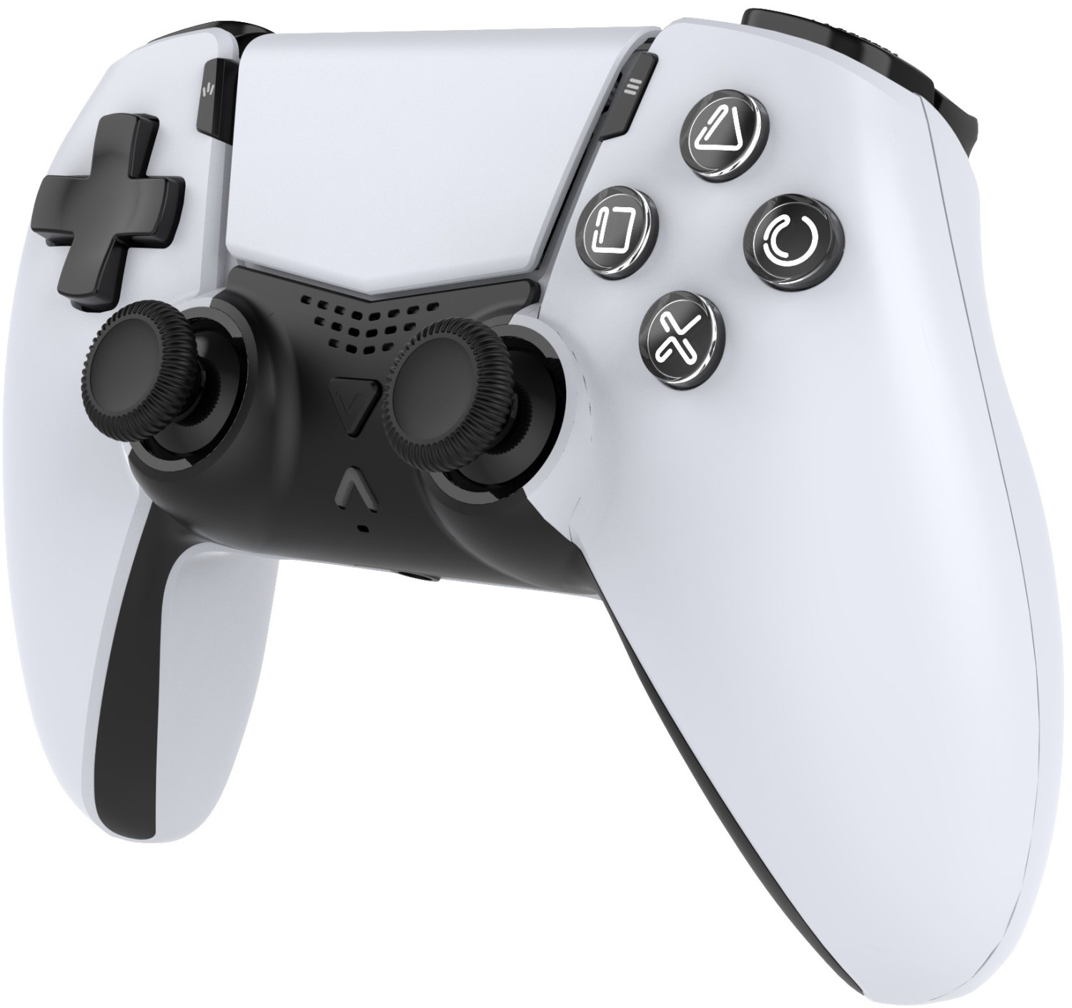 Un controller da gioco bianco e nero con pulsanti simbolo illuminati.