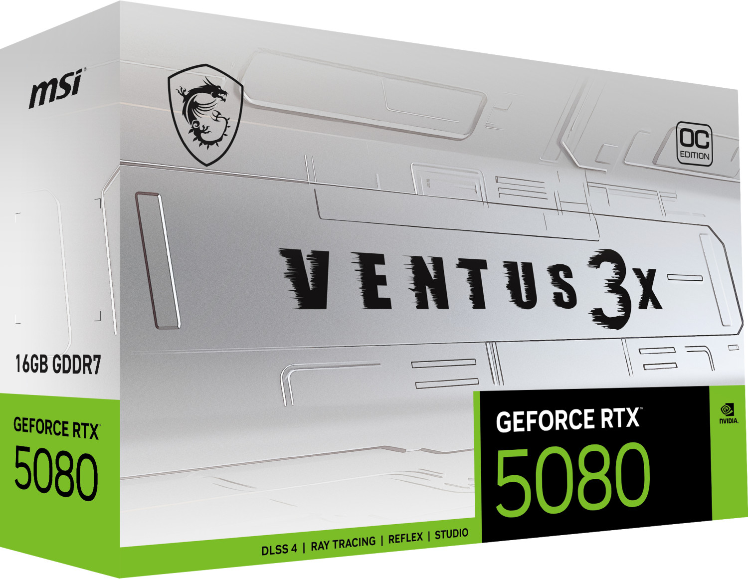 MSI Ventus 3x RTX 5080 graphics card box with 16GB GDDR7, OC Edition.