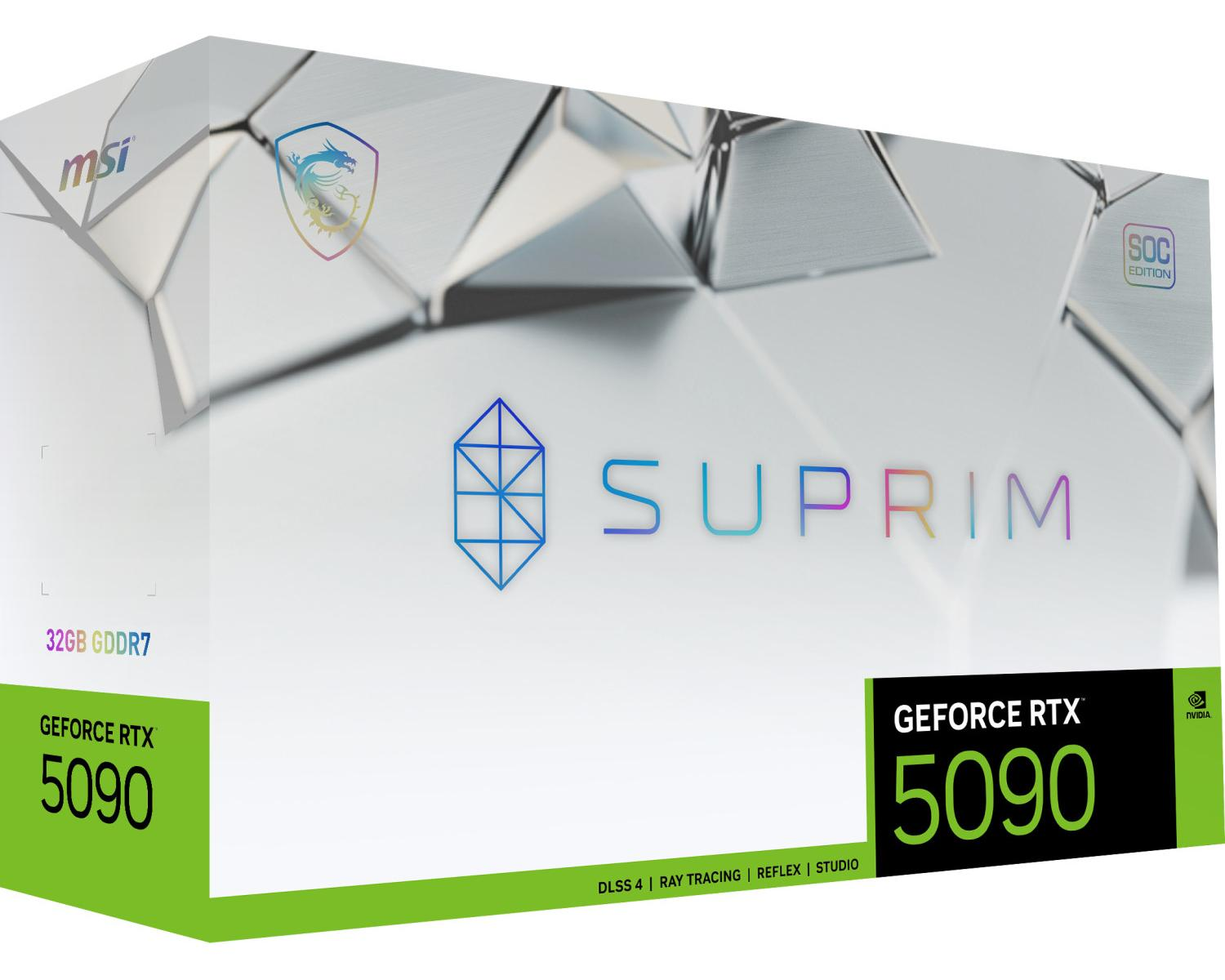 MSI GeForce RTX 5090 Suprim SOC Edition graphics card packaging.