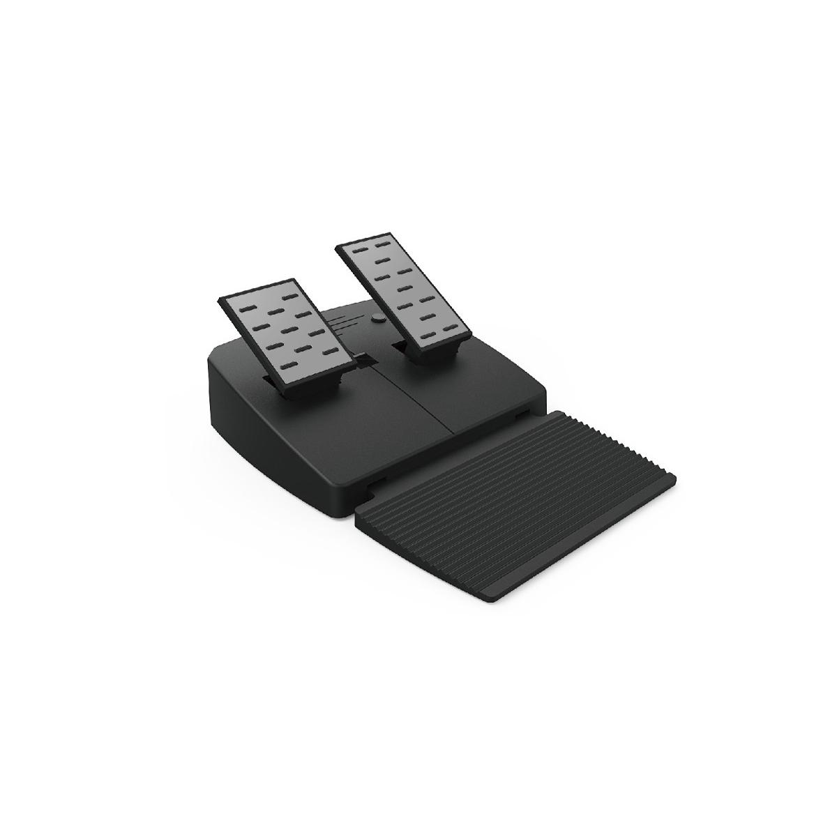 Set di pedali nero con pedali acceleratore, freno e frizione su sfondo bianco.