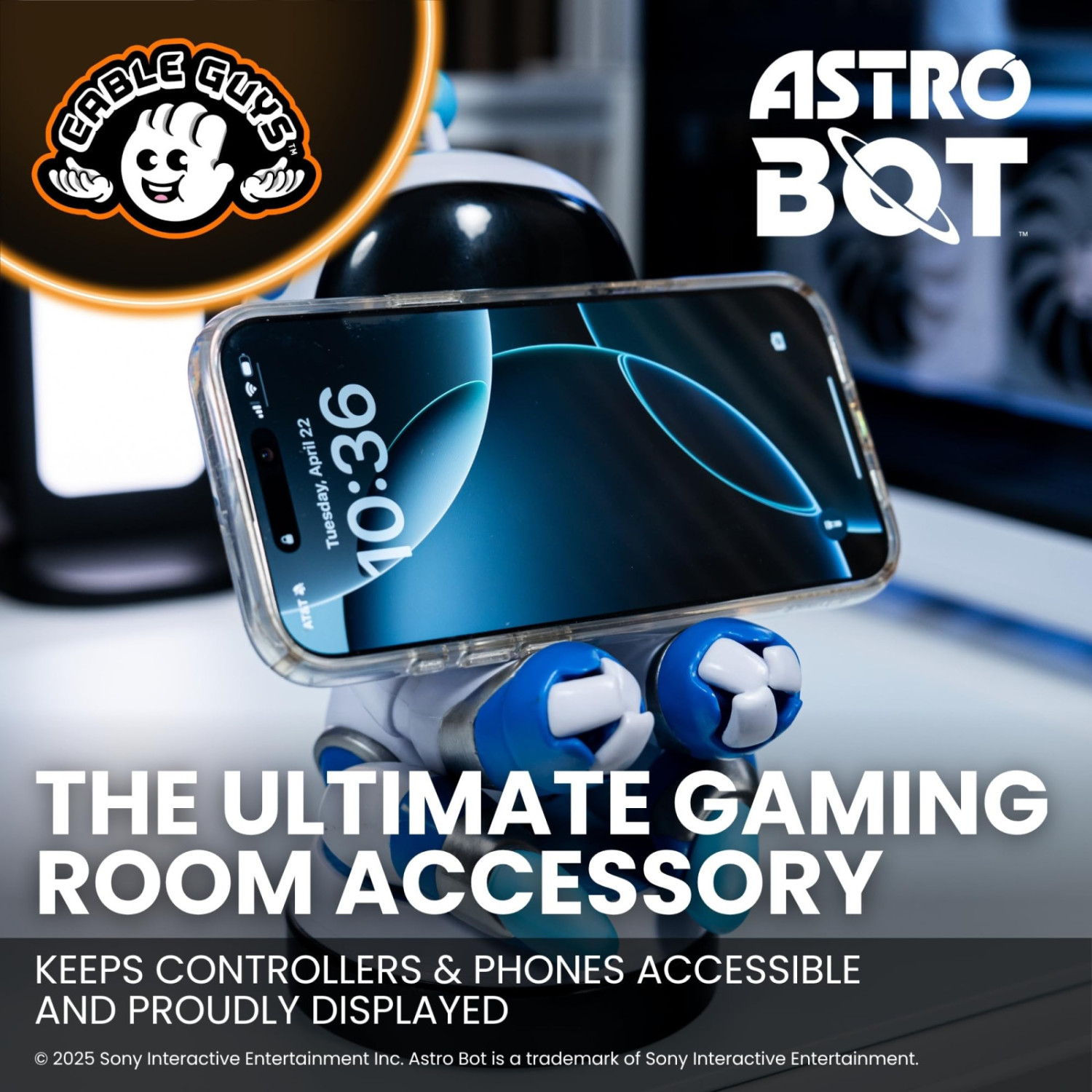 Astro Bot hält ein Smartphone. Der Text besagt: Ultimatives Gaming-Zubehör.