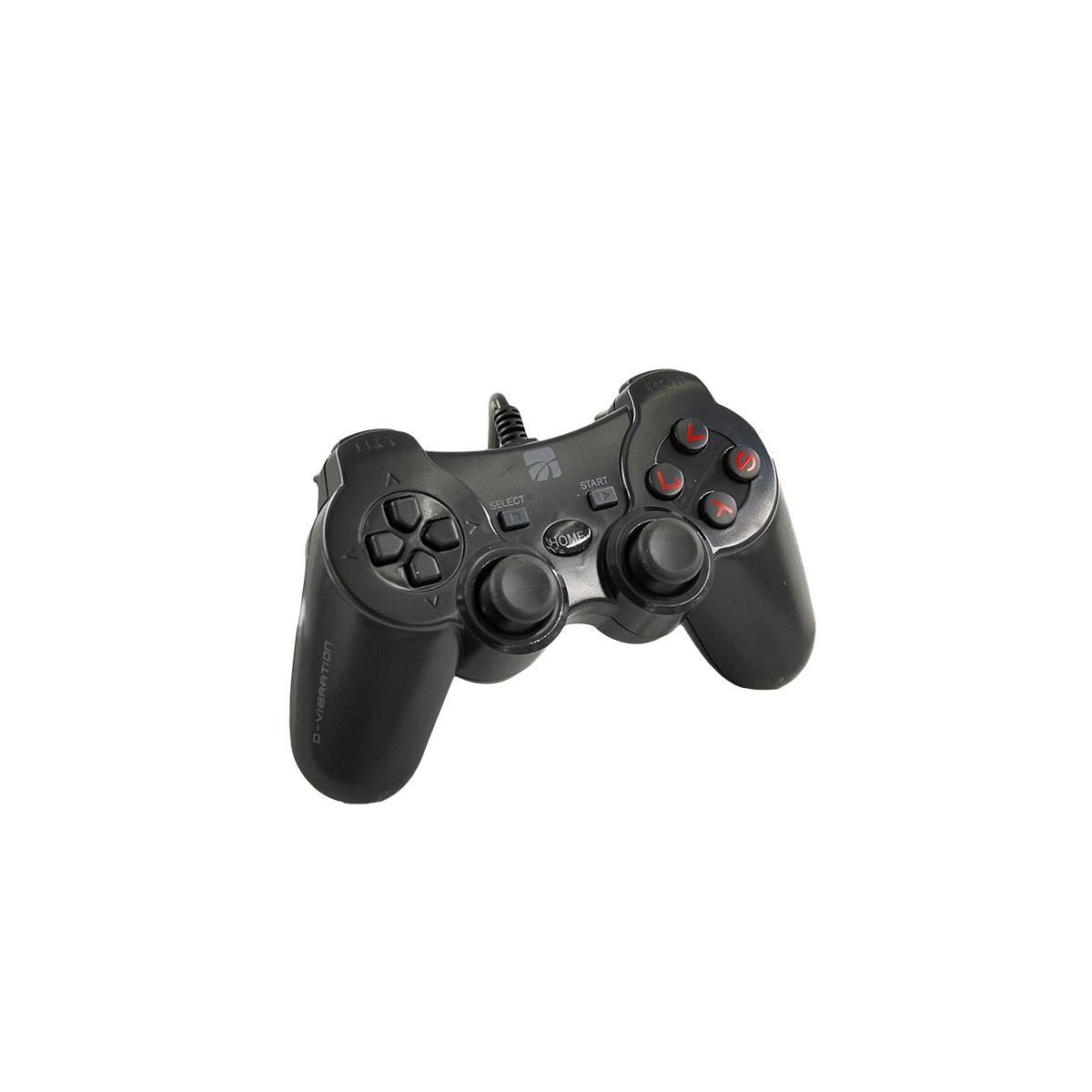 Zwarte gamingcontroller met twee joysticks, knoppen en kabel.