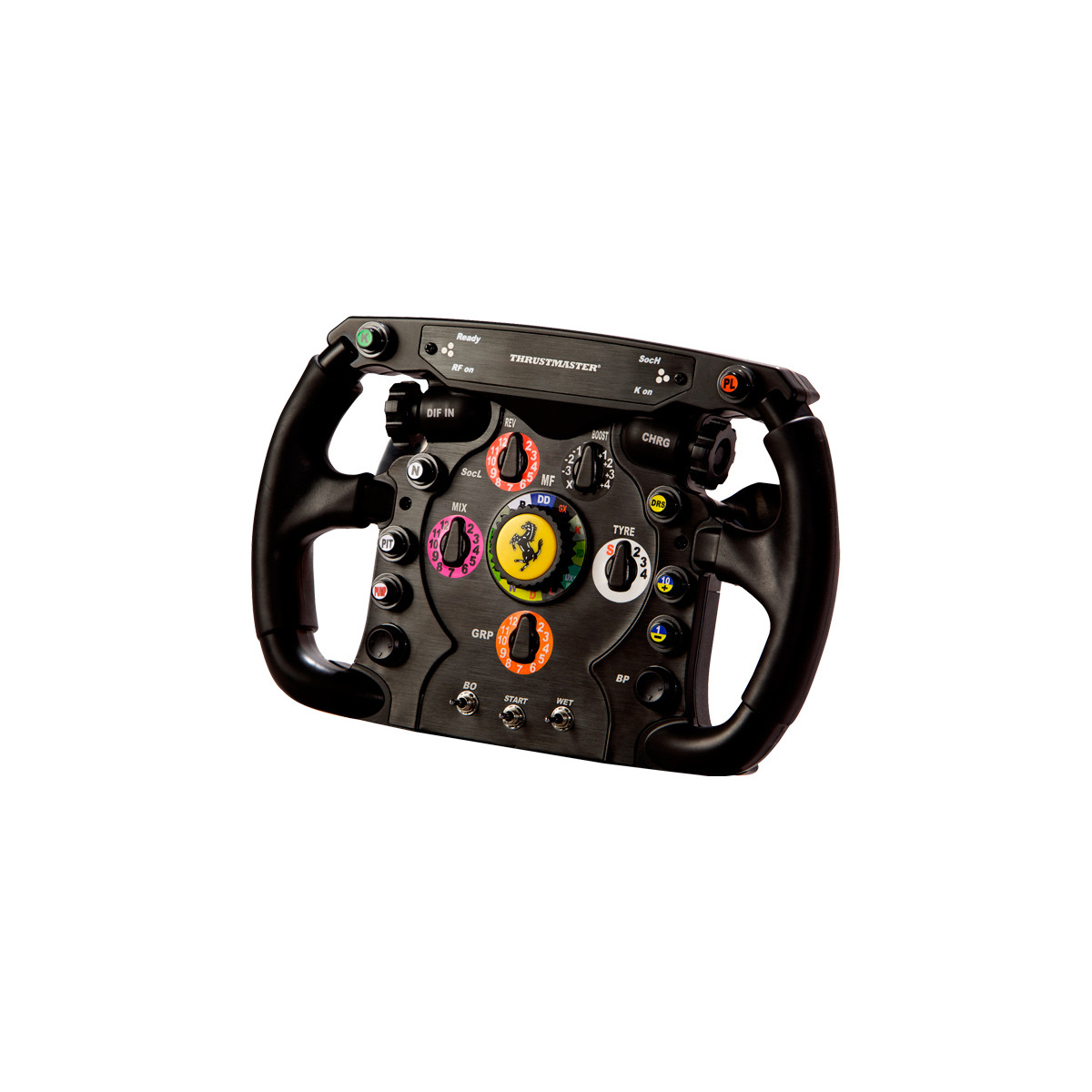 Un volante de carreras negro con muchos botones y un logo de Ferrari.