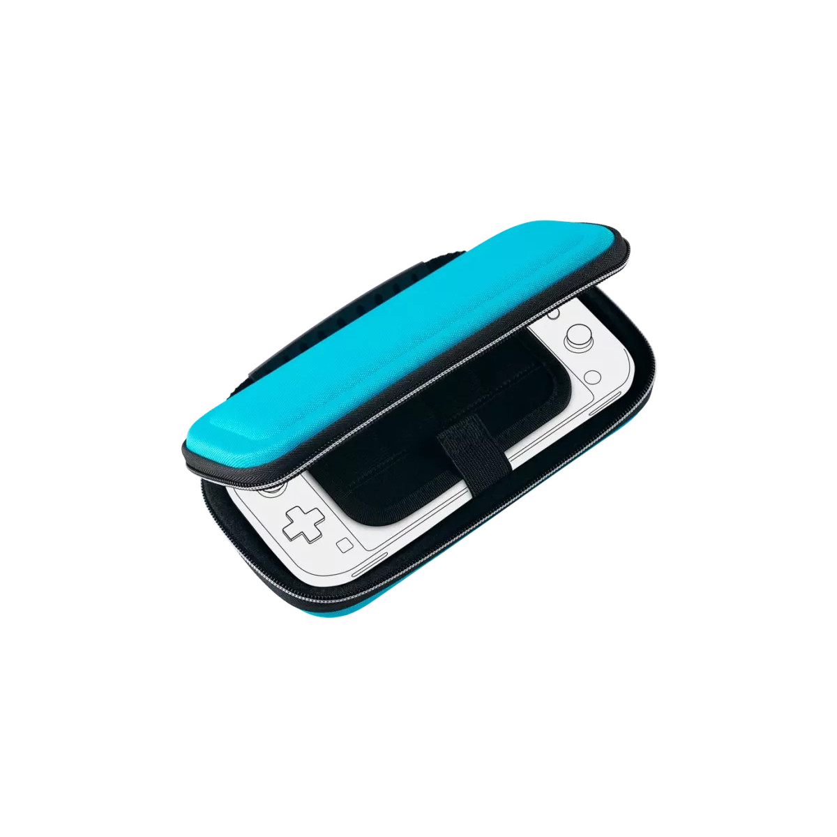 Una funda azul tiene una consola de juegos blanca con correas negras y cremallera.