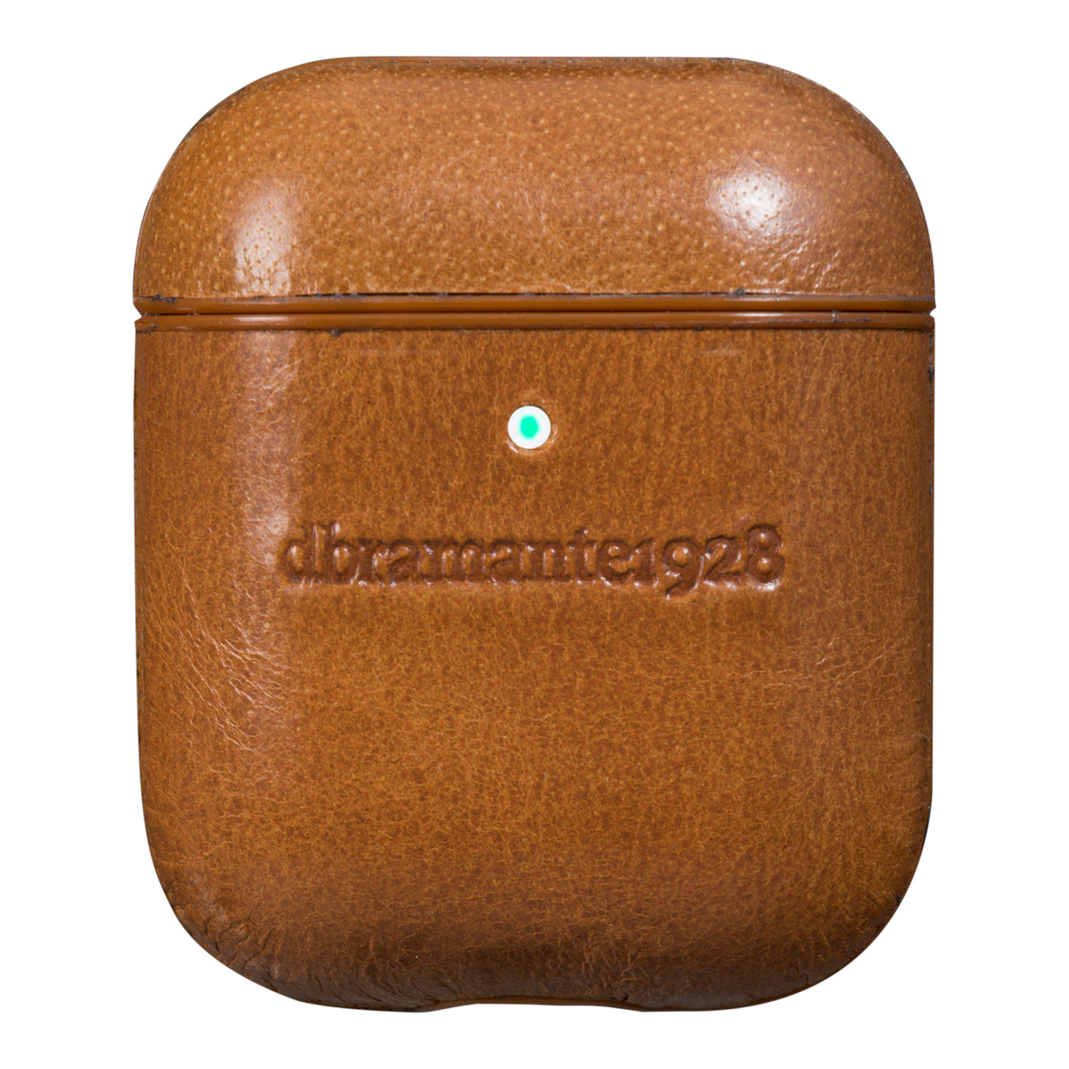 Custodia in pelle marrone per cuffie con luce verde e logo.