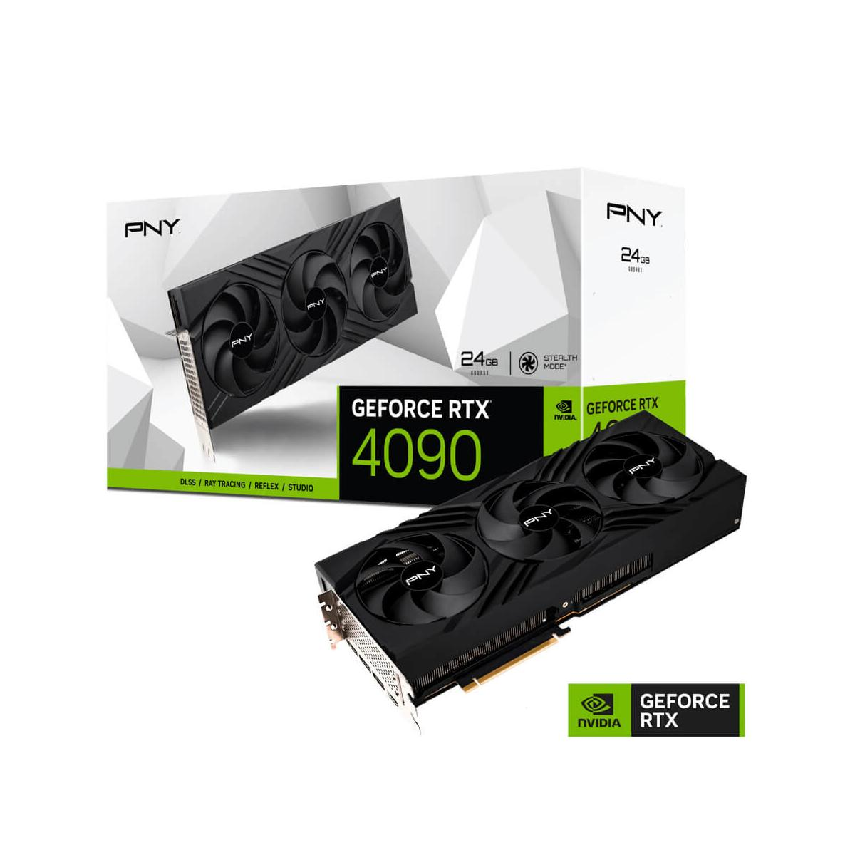 PNY GeForce RTX 4090 grafische kaart met 24 GB geheugen en triple fan.
