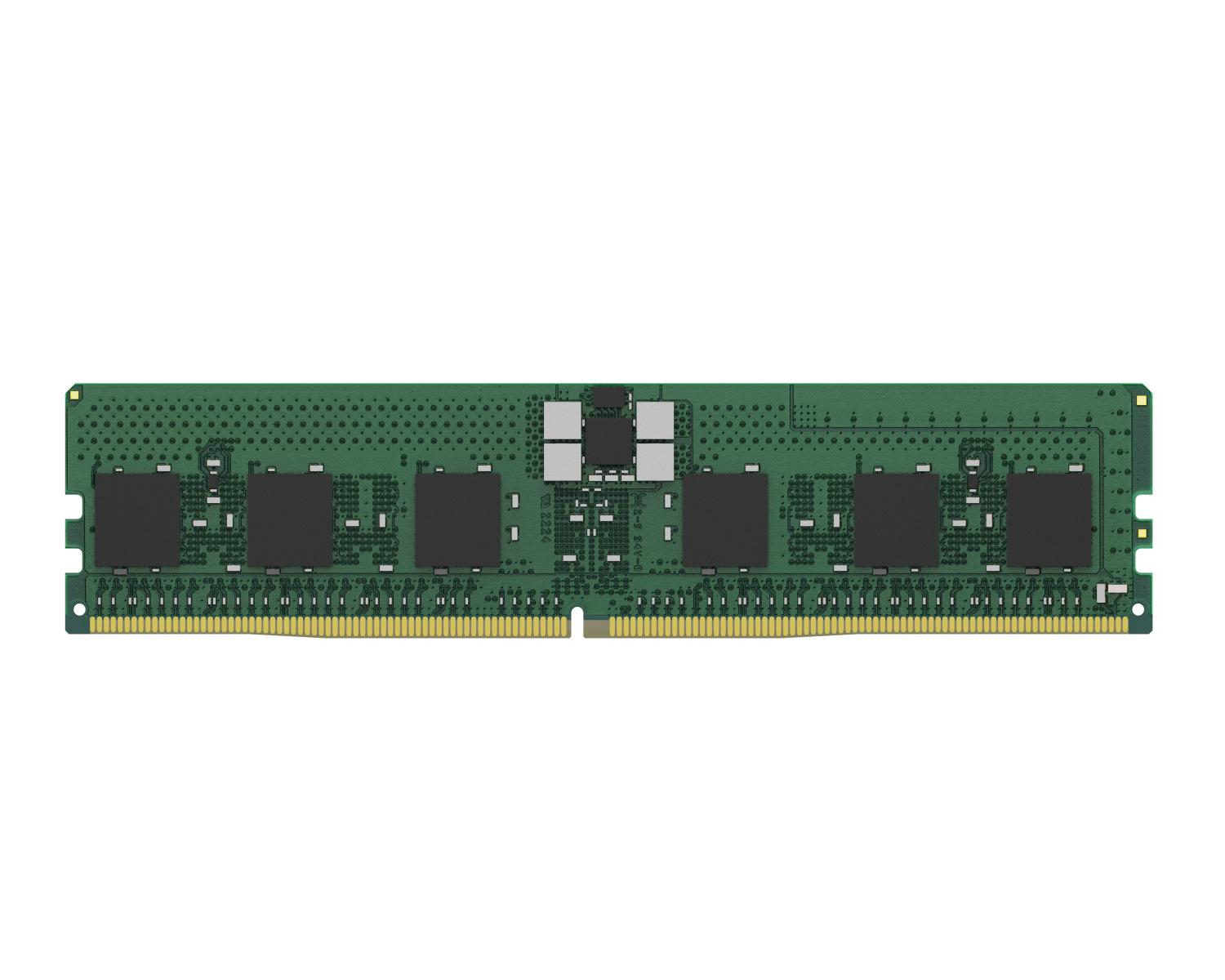 Grünes RAM-Modul mit schwarzen Chips und goldenem Anschluss.