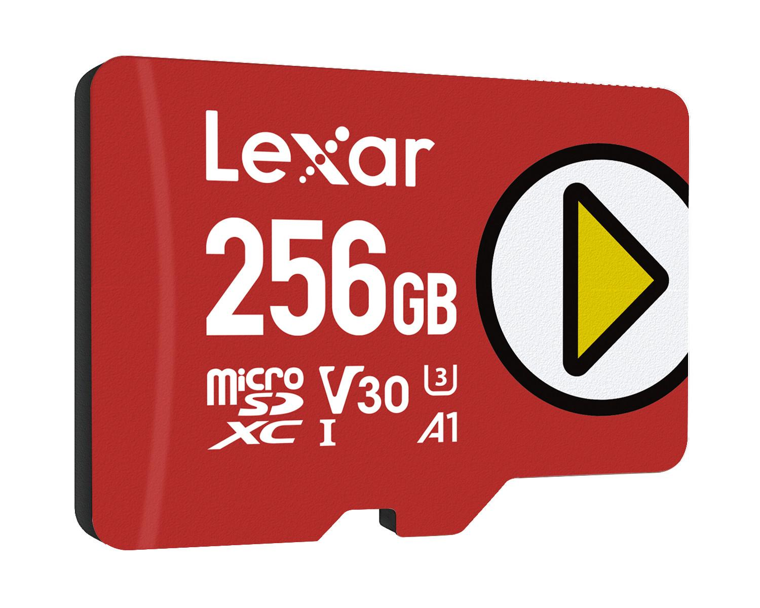 Una scheda microSD Lexar rossa da 256 GB con icona play.