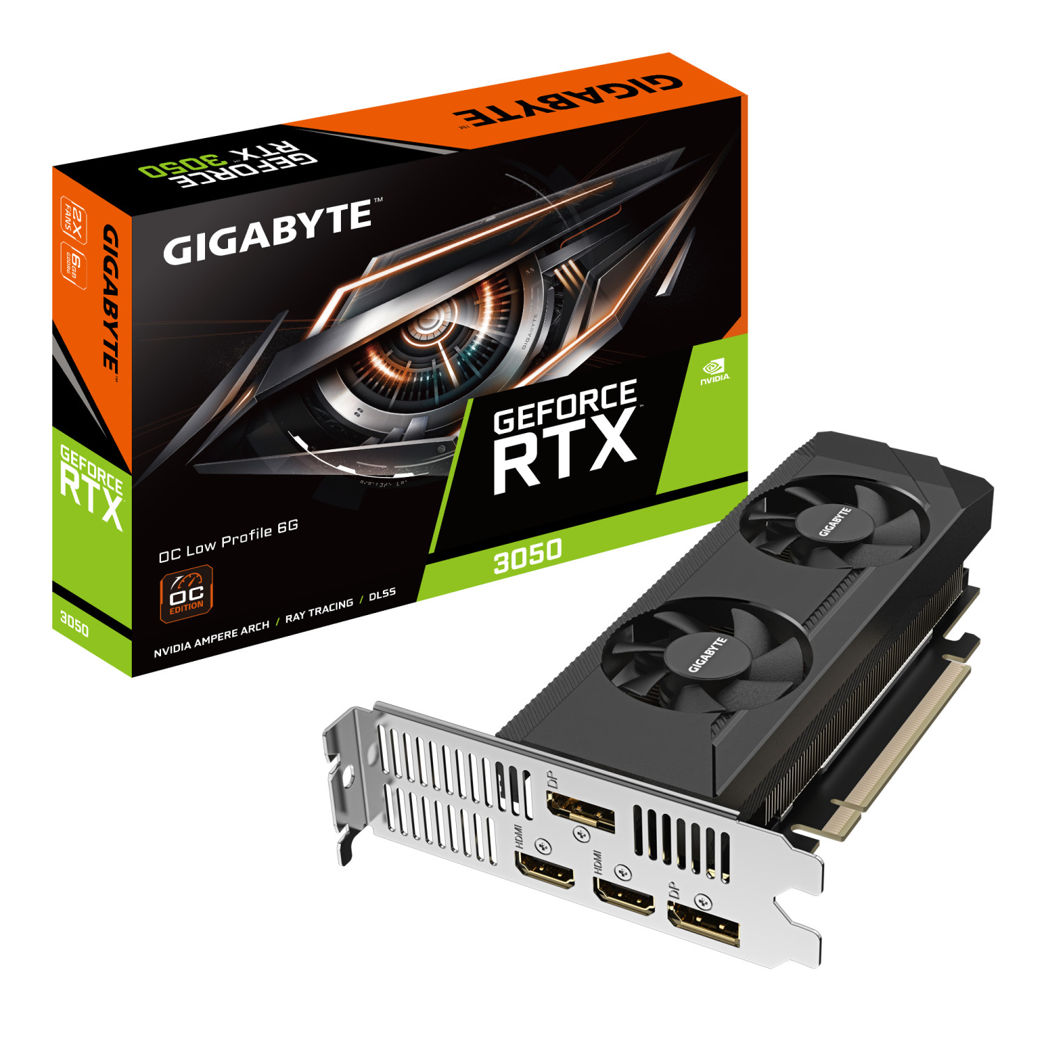 Gigabyte RTX 3050 Grafikkarte und Verpackung mit Lüftern und Anschlüssen.