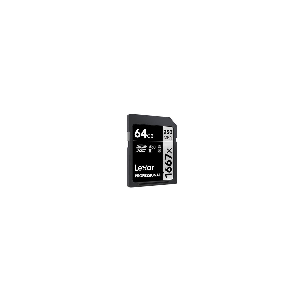 Lexar 64GB SDXC II V60 Speicherkarte mit 250 MB/s Lesegeschwindigkeit.