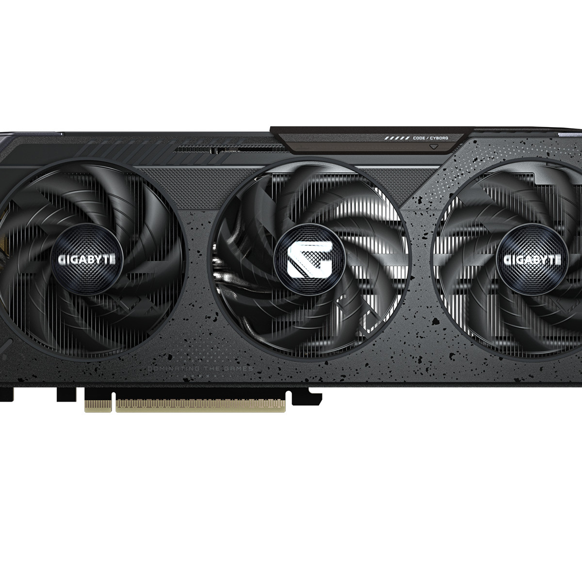 Een zwarte grafische kaart met drie ventilatoren en Gigabyte-logo.