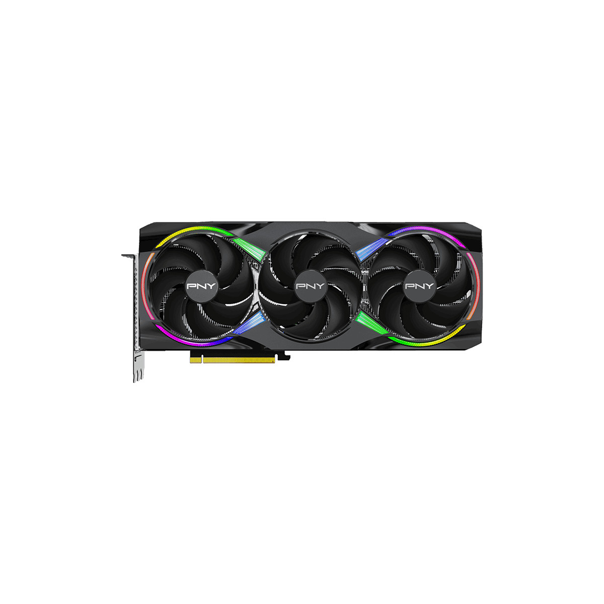Een zwarte grafische kaart met drie ventilatoren en RGB-verlichting.