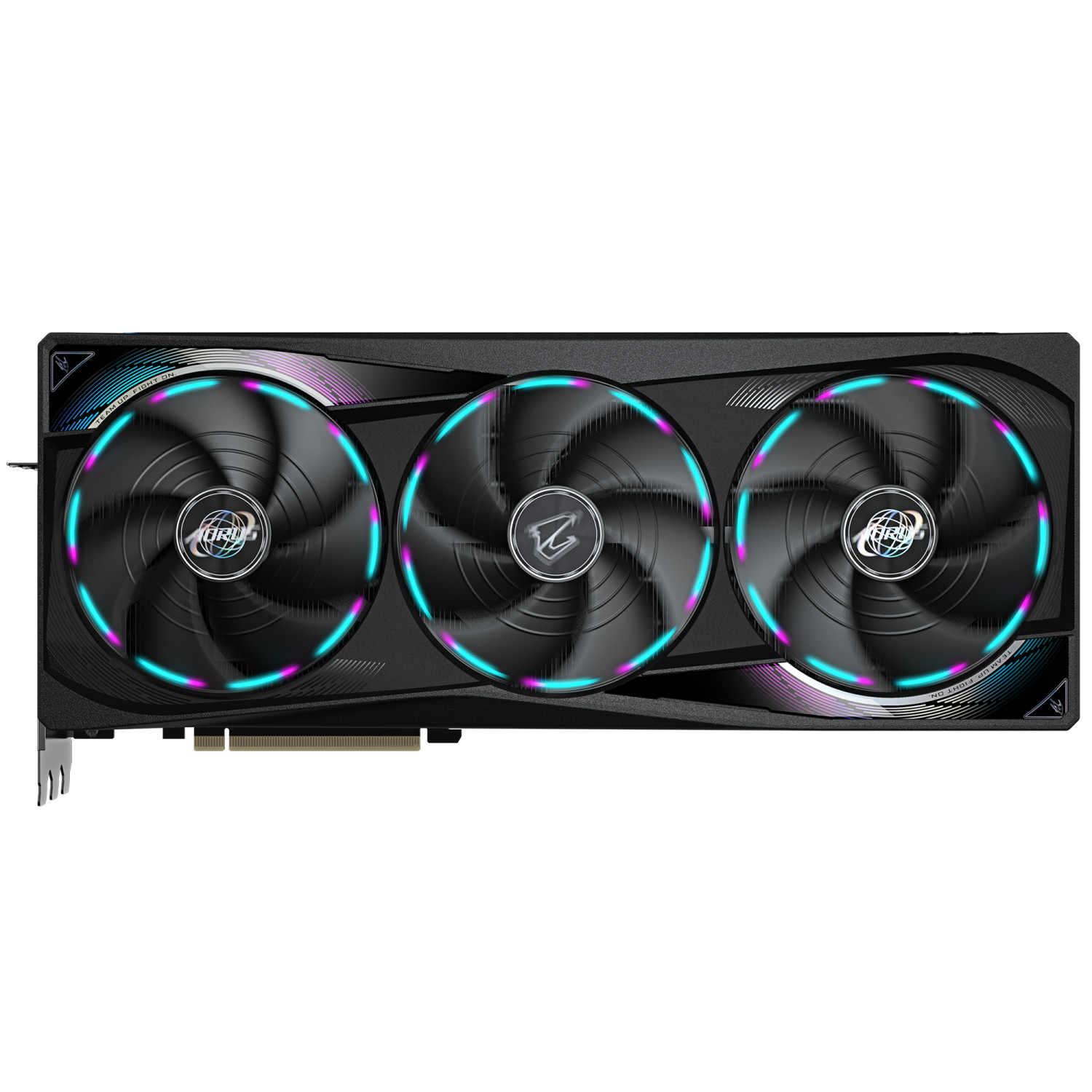 A black graphics card with three fans and RGB lighting.