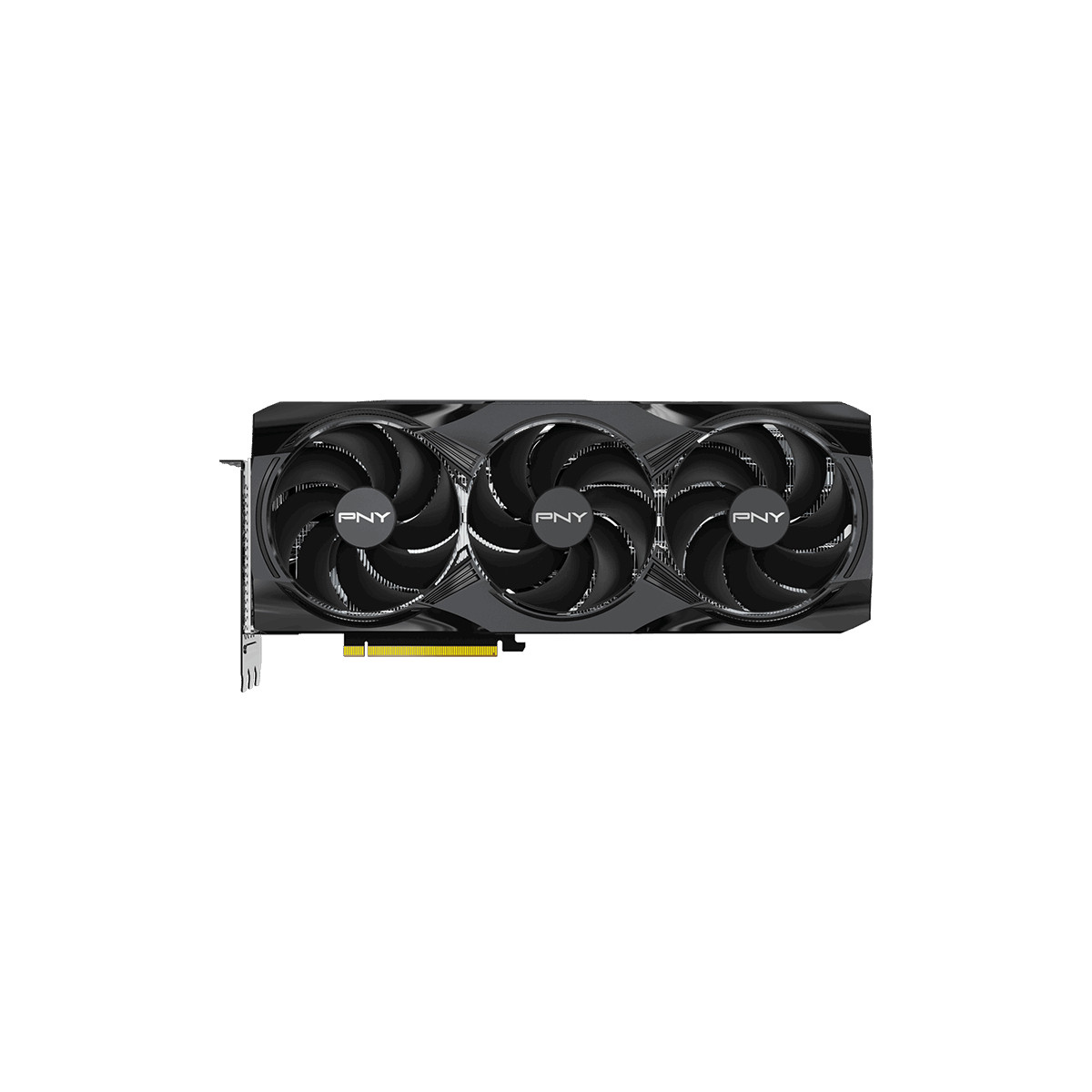 A black graphics card featuring three fans and PNY logo on a white background.