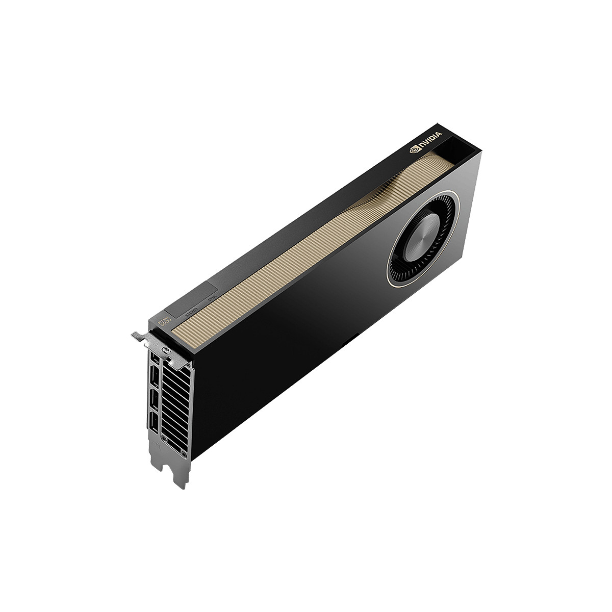 Ein schwarzes Nvidia-Grafikkarte mit goldenen Lüftungsschlitzen und Lüfter.