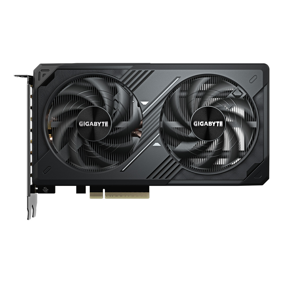 Black graphics card with two fans and GIGABYTE logo.