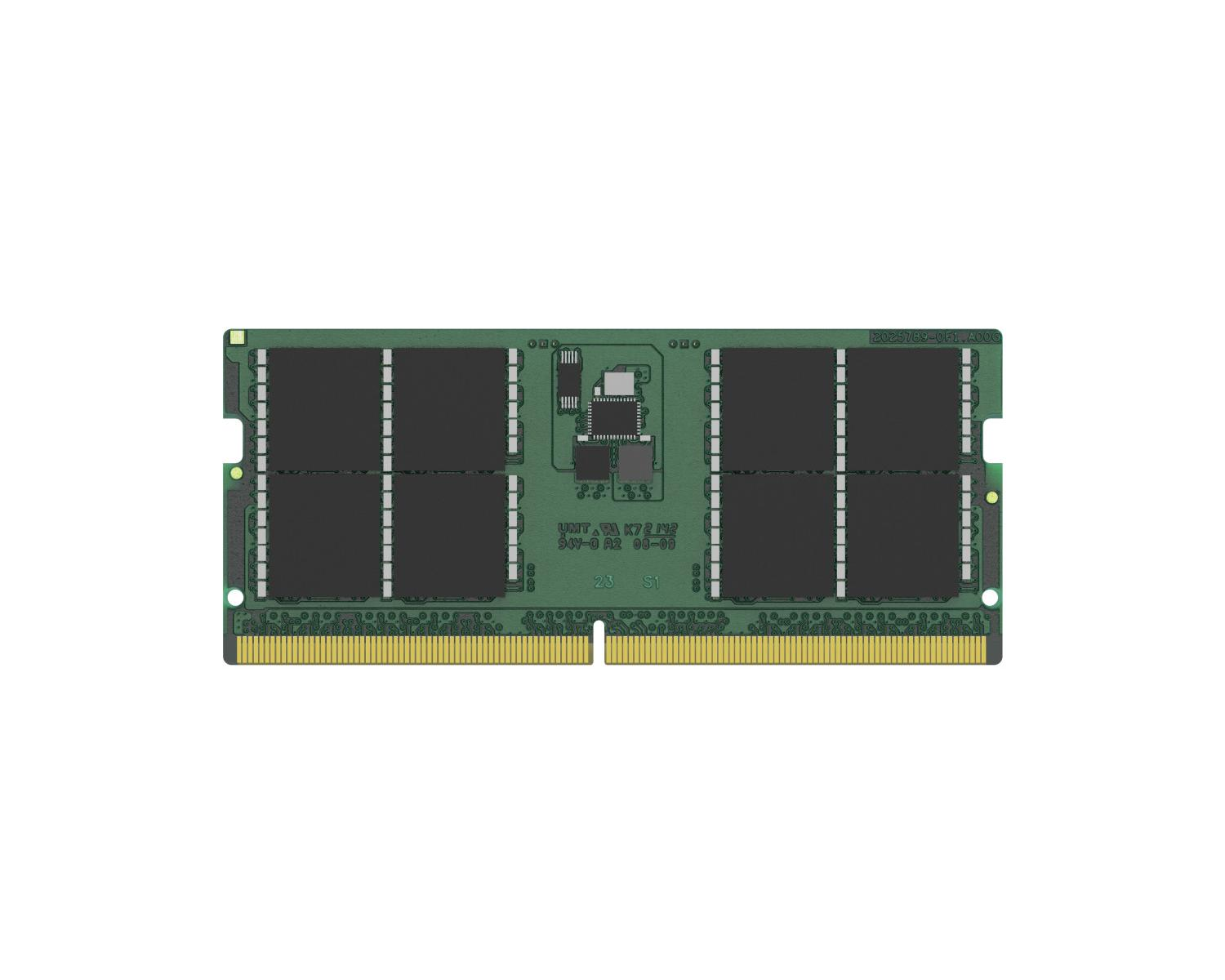 Een groene RAM-module met zwarte chips en een gouden connector.