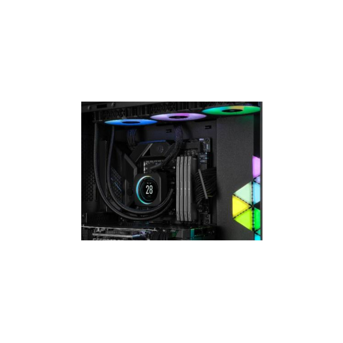 Ein Computer-CPU-Kühler mit RGB-Lüftern und einem Display.