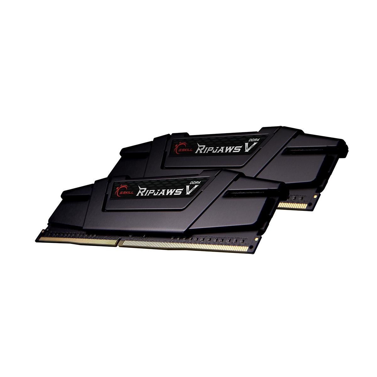 Deux modules RAM G.Skill Ripjaws V DDR4 noirs avec contacts dorés.