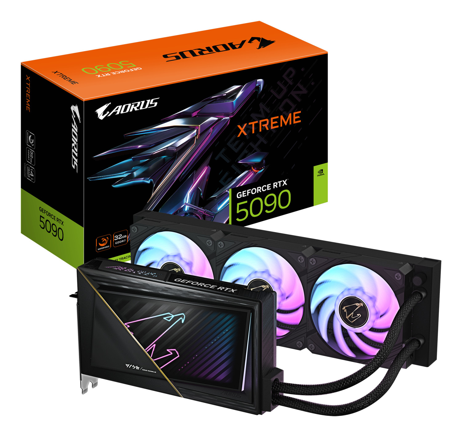 An AORUS GeForce RTX 5090 graphics card with three fans and RGB lighting.
