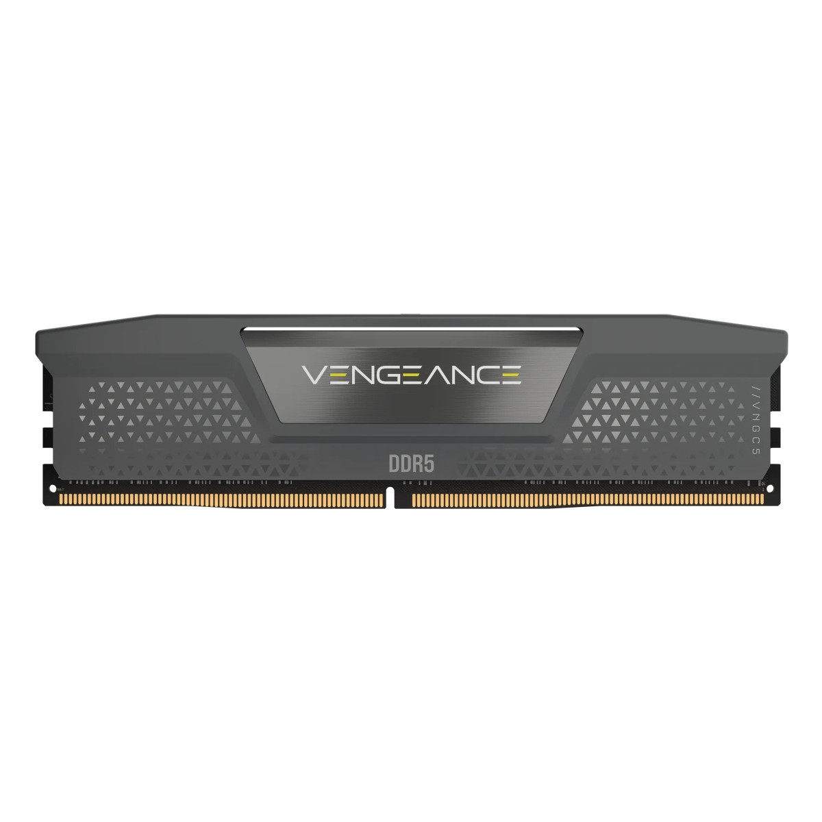 Un modulo RAM DDR5 grigio con logo "VENGEANCE" e motivo triangolare.