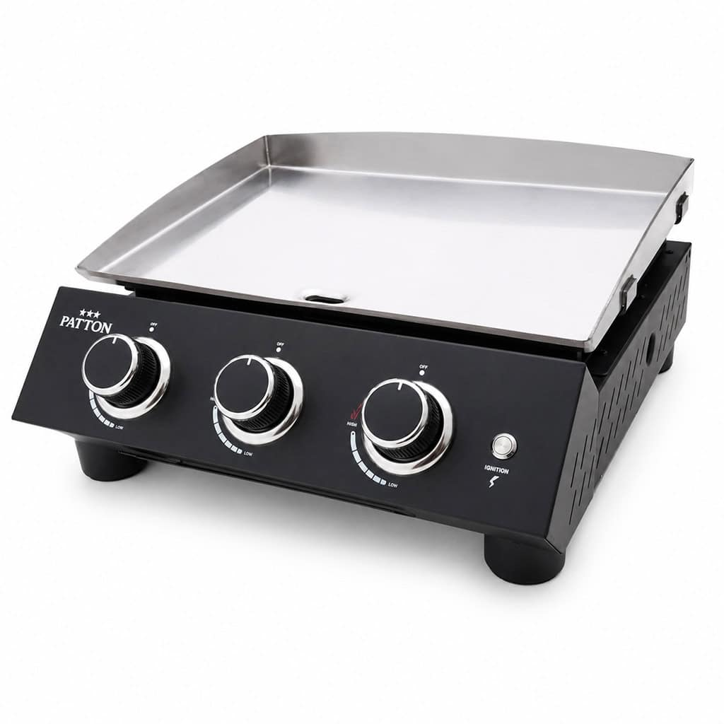 Zwart tafelgrill met drie draaiknoppen en een roestvrijstalen plaat.
