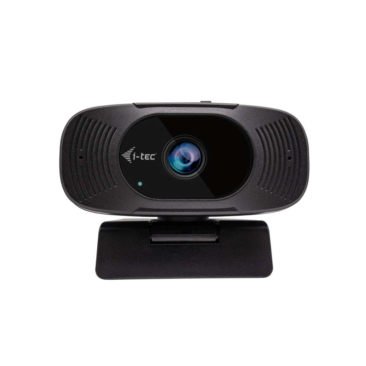 Een zwarte webcam met i-tec logo en lens, gemonteerd op een standaard.