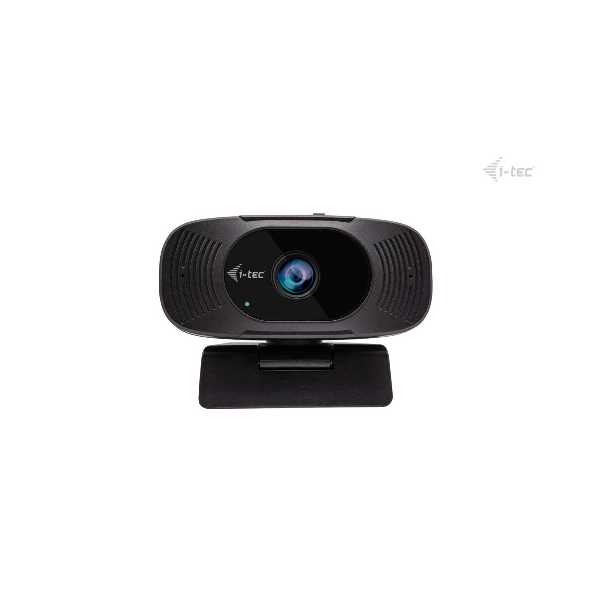 Een zwarte webcam met i-tec logo en lens, gemonteerd op een standaard.