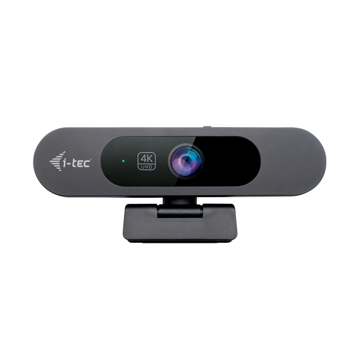 Una webcam 4K scura con logo i-tec e lente, su supporto regolabile.