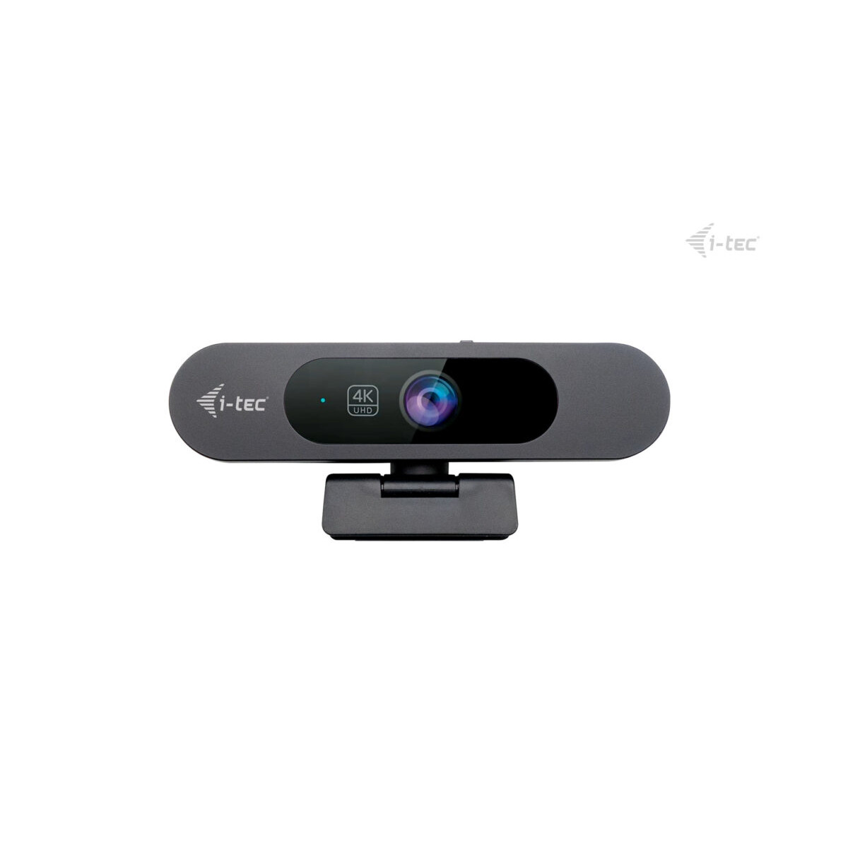 Una webcam 4K UHD grigia con logo i-tec, su un supporto.