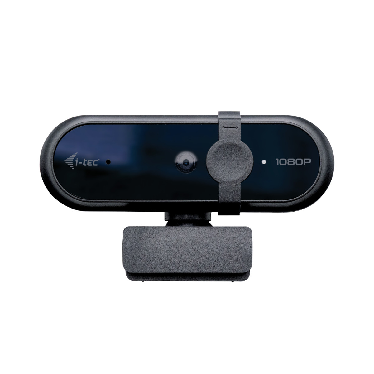 Webcam i-tec nera con risoluzione 1080P e supporto a clip regolabile.