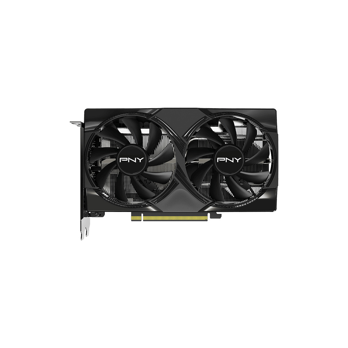 Black graphics card with two fans and PNY logo, isolated on white background.