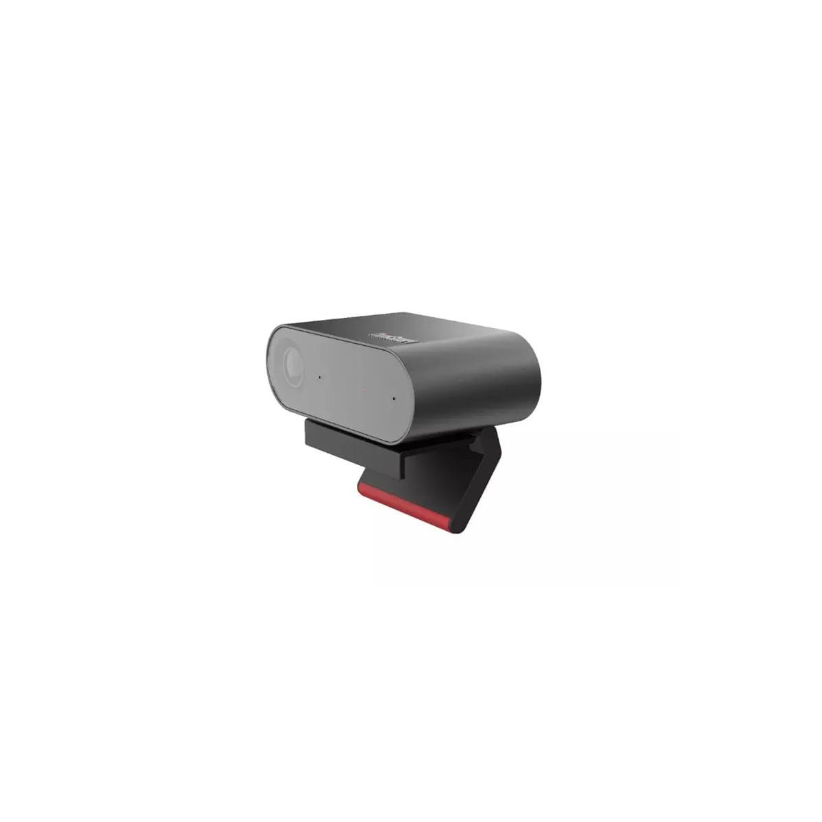 Une webcam grise rectangulaire élégante avec un accent rouge sur son support.