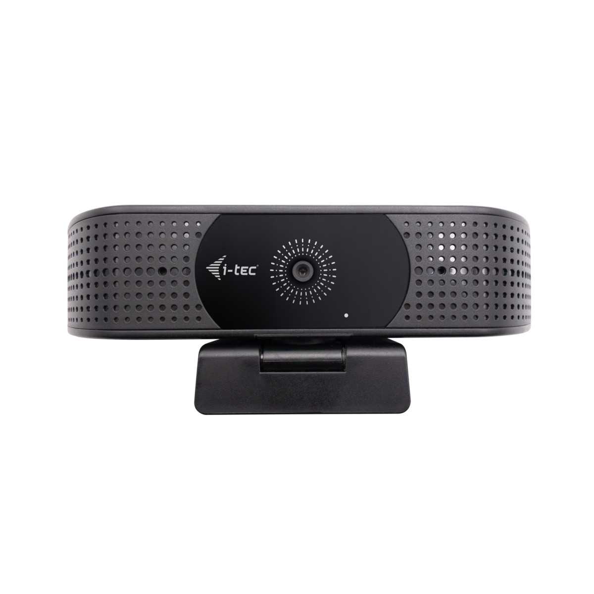 Una webcam nera con logo i-tec e lente centrale, montata su un supporto.