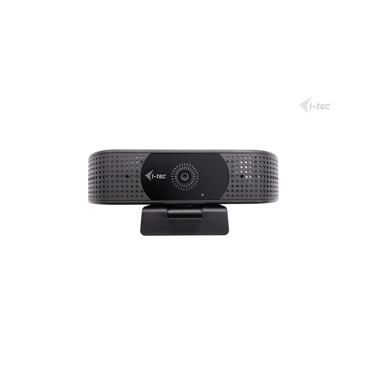 Una webcam nera con supporto su sfondo bianco.