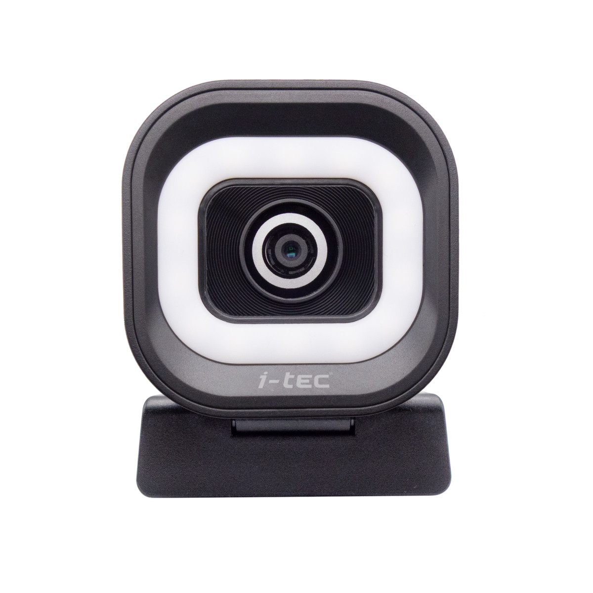 Webcam nera con luce anulare bianca e logo i-tec su sfondo bianco.
