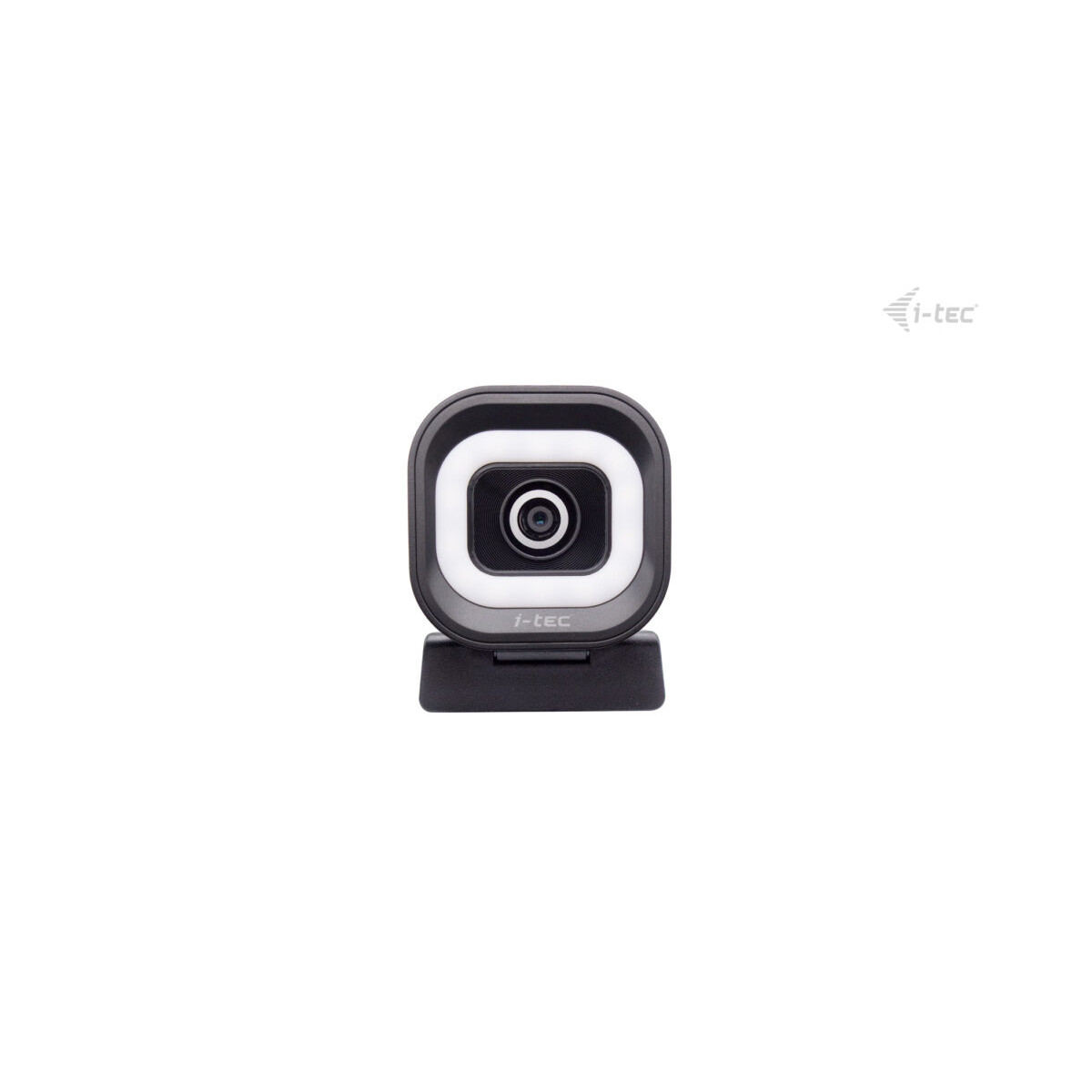 Una webcam nera con un anello luminoso e un logo i-tec sulla base.