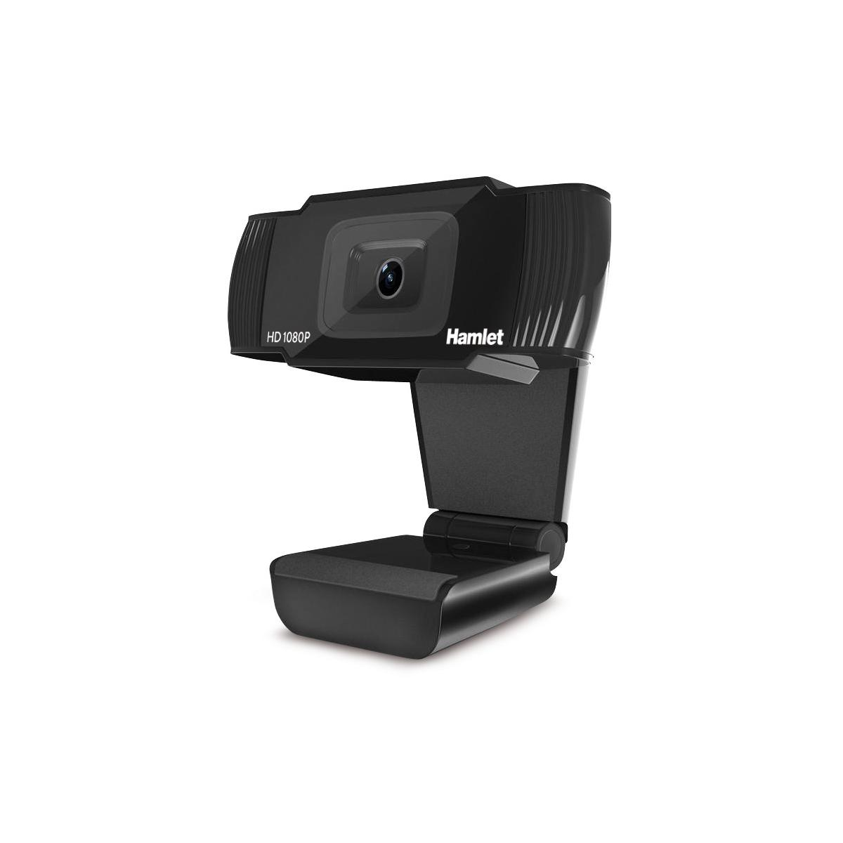 Una webcam Hamlet HD 1080p nera con supporto regolabile su sfondo bianco.