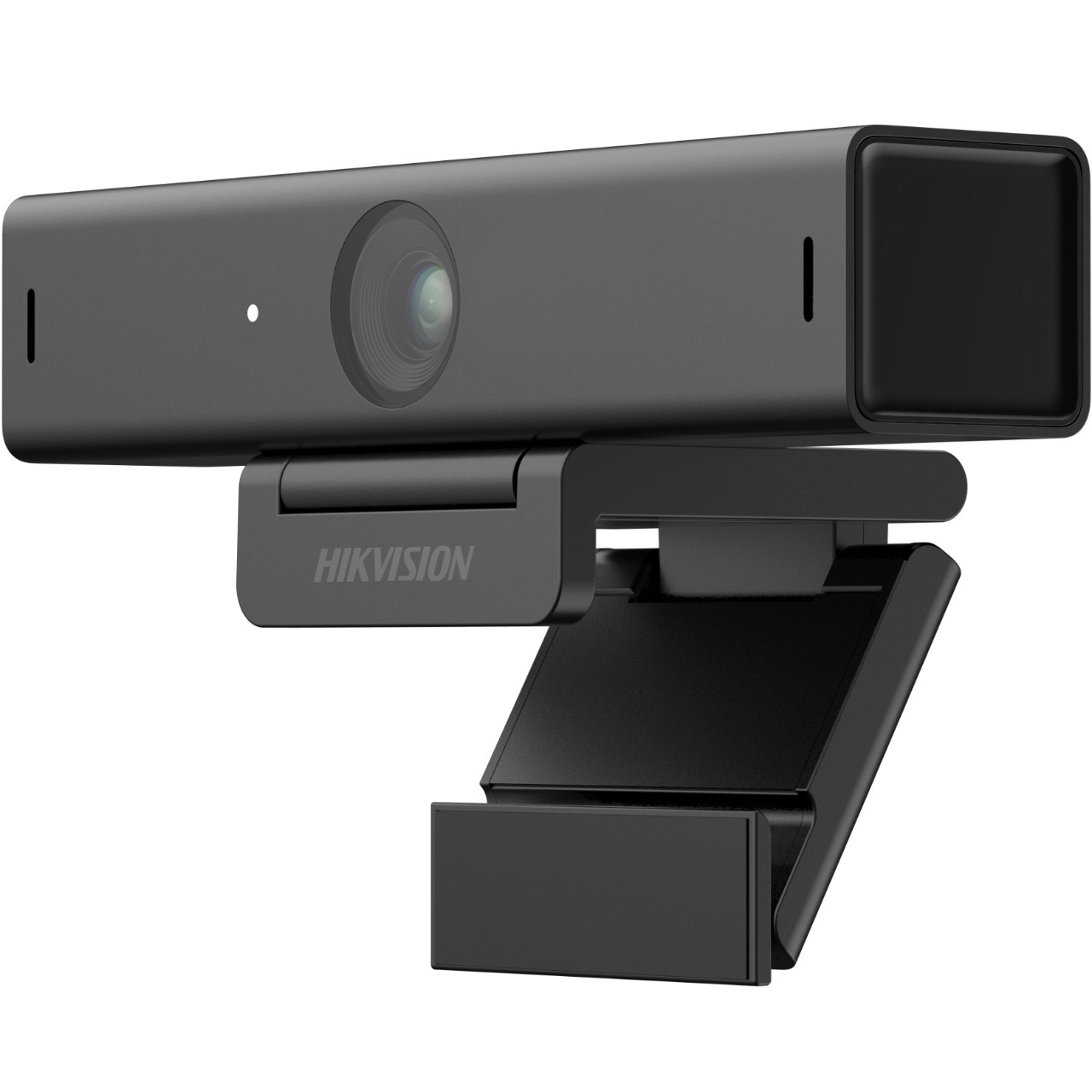 Een zwarte HIKVISION webcam met lens en verstelbare clip.