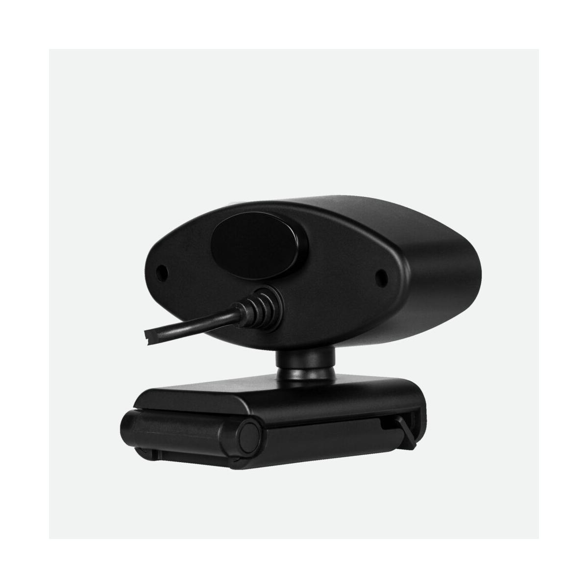 Webcam nera con supporto flessibile e cavo su sfondo chiaro.