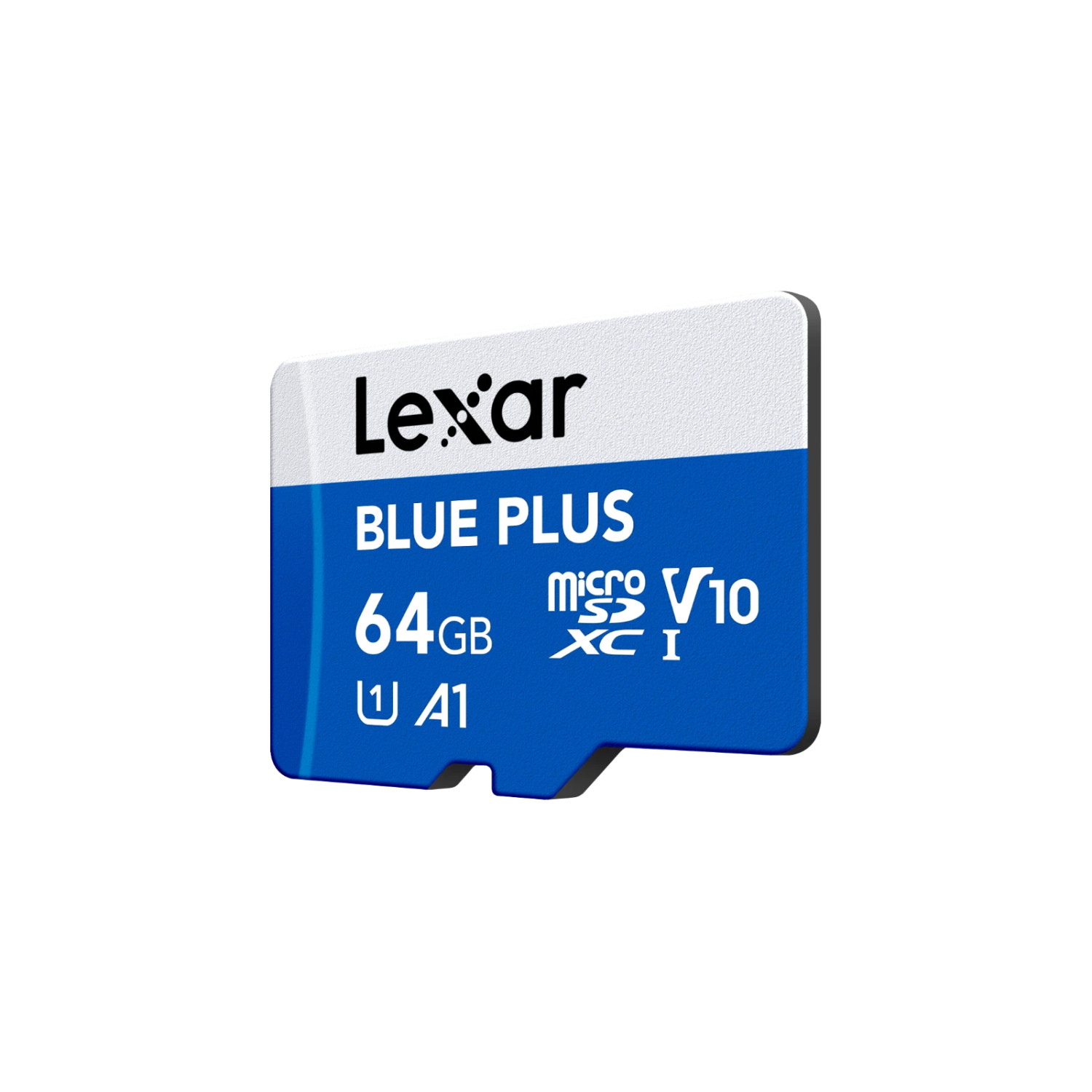 Scheda di memoria Lexar Blue Plus 64GB Micro SDXC V10 A1 su sfondo bianco.