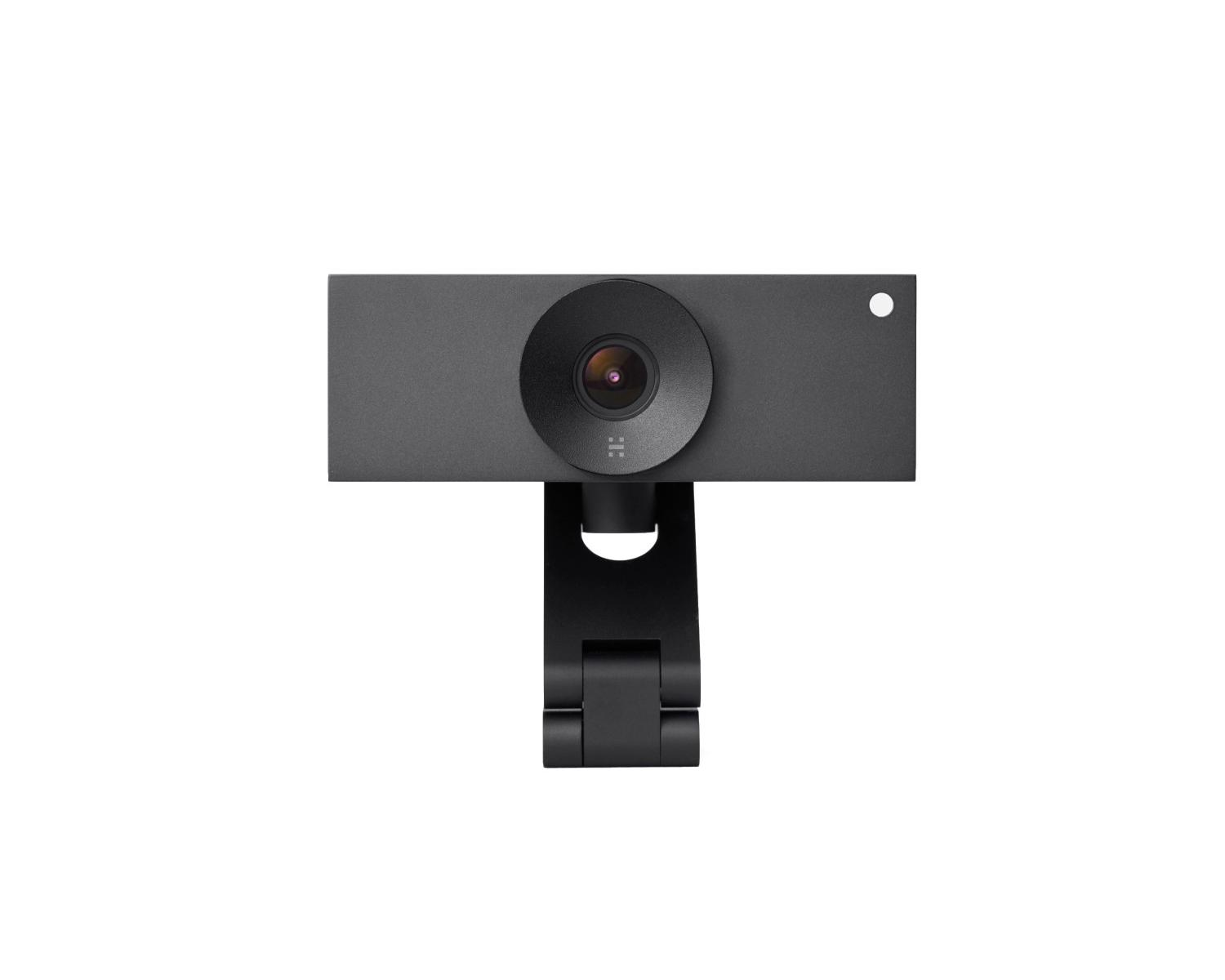 Una webcam grigia con microfono integrato e supporto regolabile.