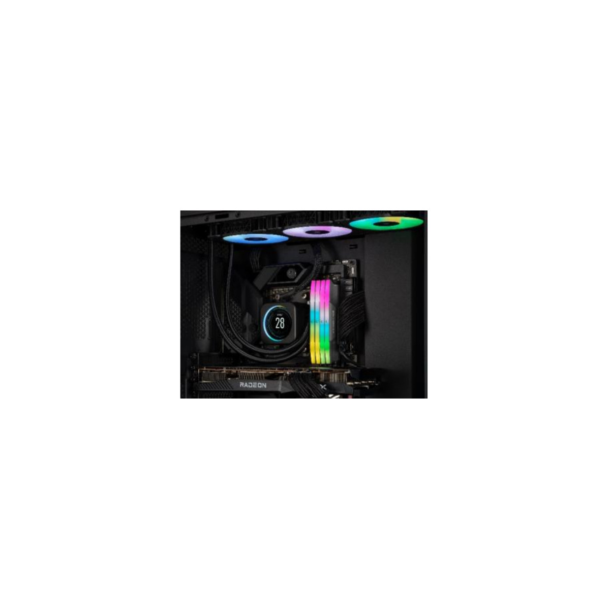 Ein Computergehäuse mit RGB-Lüftern, einer Radeon-Grafikkarte und einem Lüfter mit digitaler Anzeige.