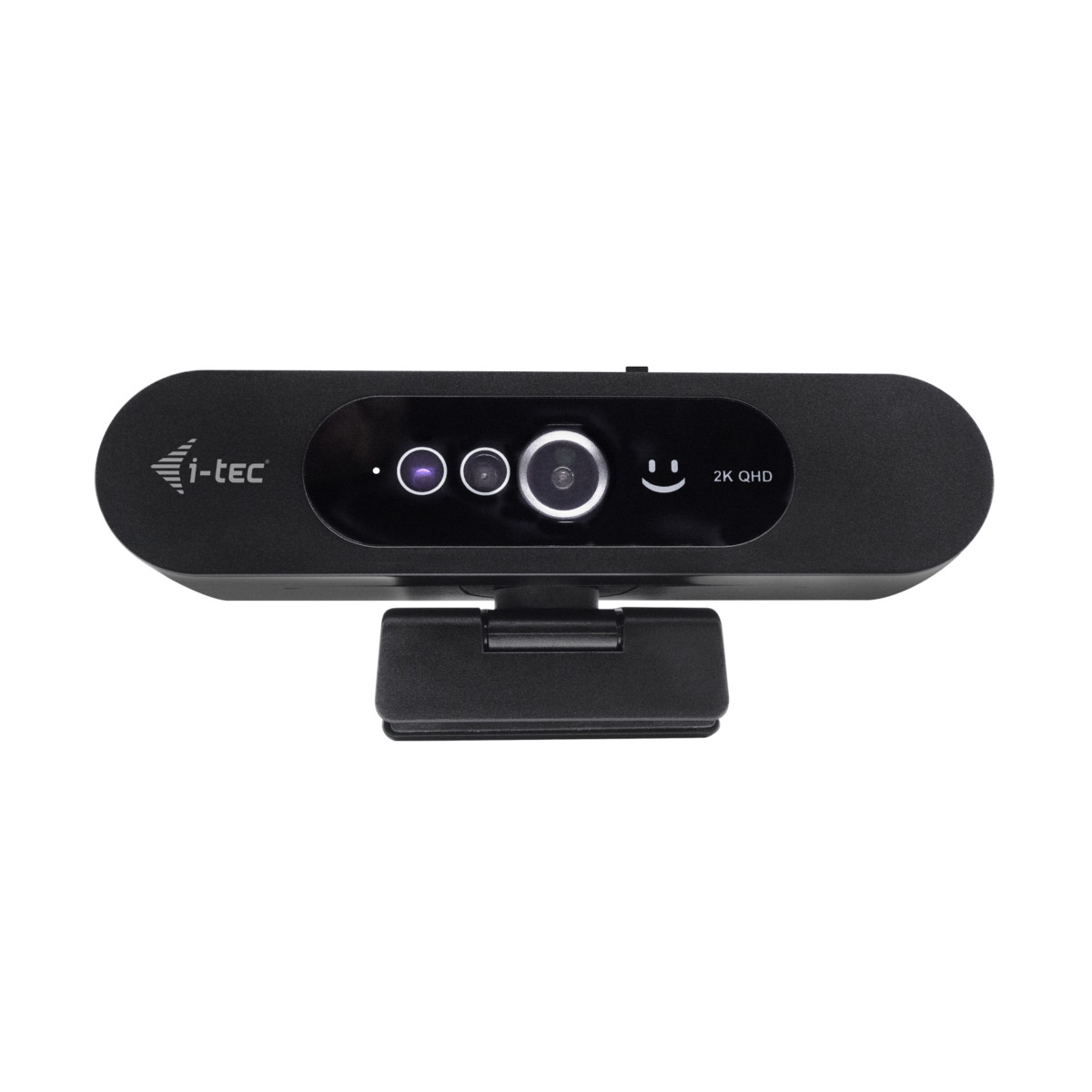 Webcam nera con logo i-tec, tre lenti e icona sorridente.
