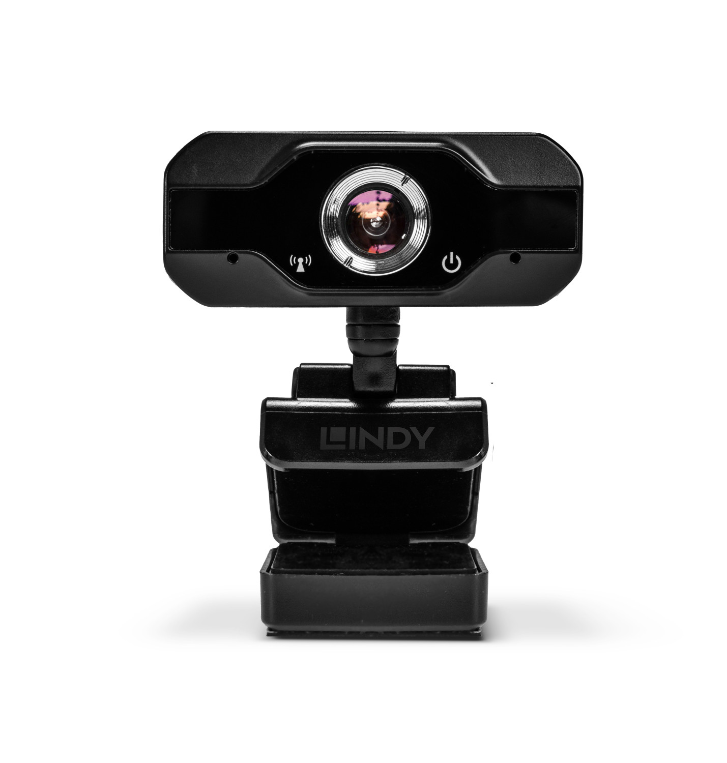Una webcam Lindy nera con pulsante di accensione e icona wifi, su sfondo bianco.