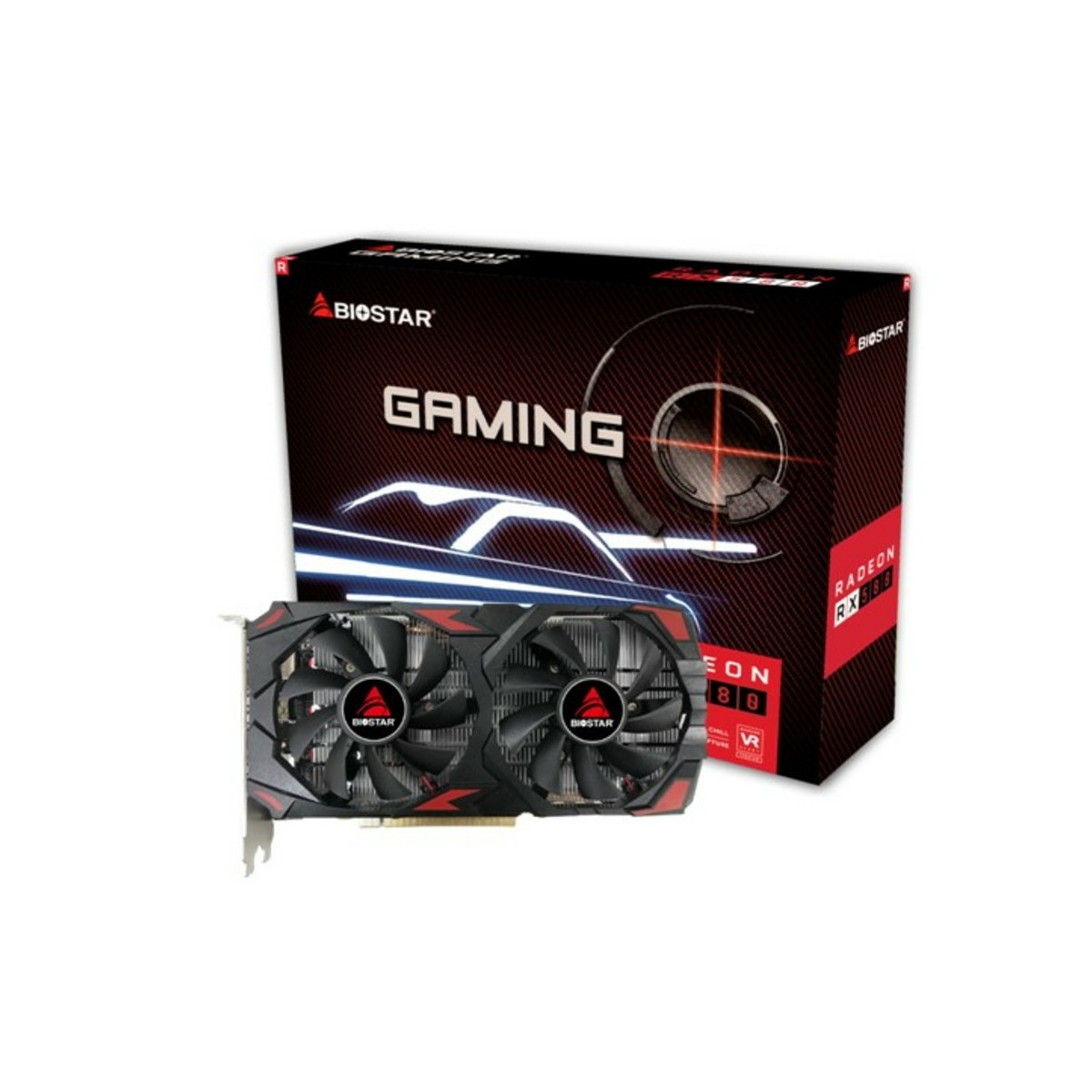 A Biostar gaming graphics card with two fans and its box.